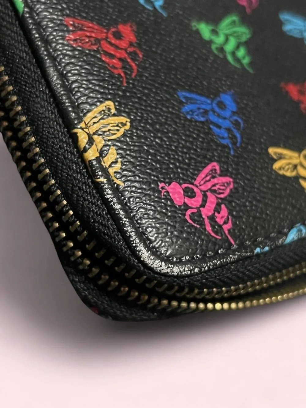 Black Wristlet Wallet with Rainbow Bee Print